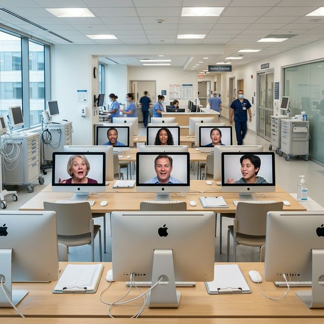 Rows of iMacs in a healthcare center acting as conversation simulation bots